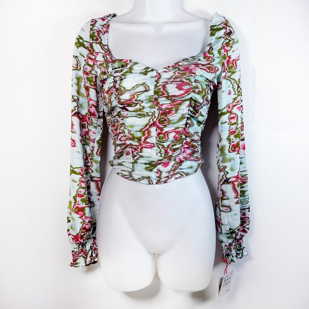 NWT - Open Edit Ruched‎ Crop Top Blue Green Ripple Blouse Artistic